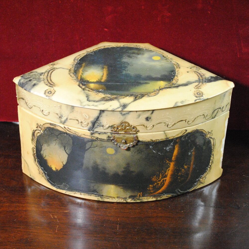 Antique Celluloid Covered Wood Collar & Cuff Box with Forest & Lake Scene